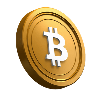 Elemento visual de la moneda Bitcoin BTC en posición inclinada, ubicado en la sección principal